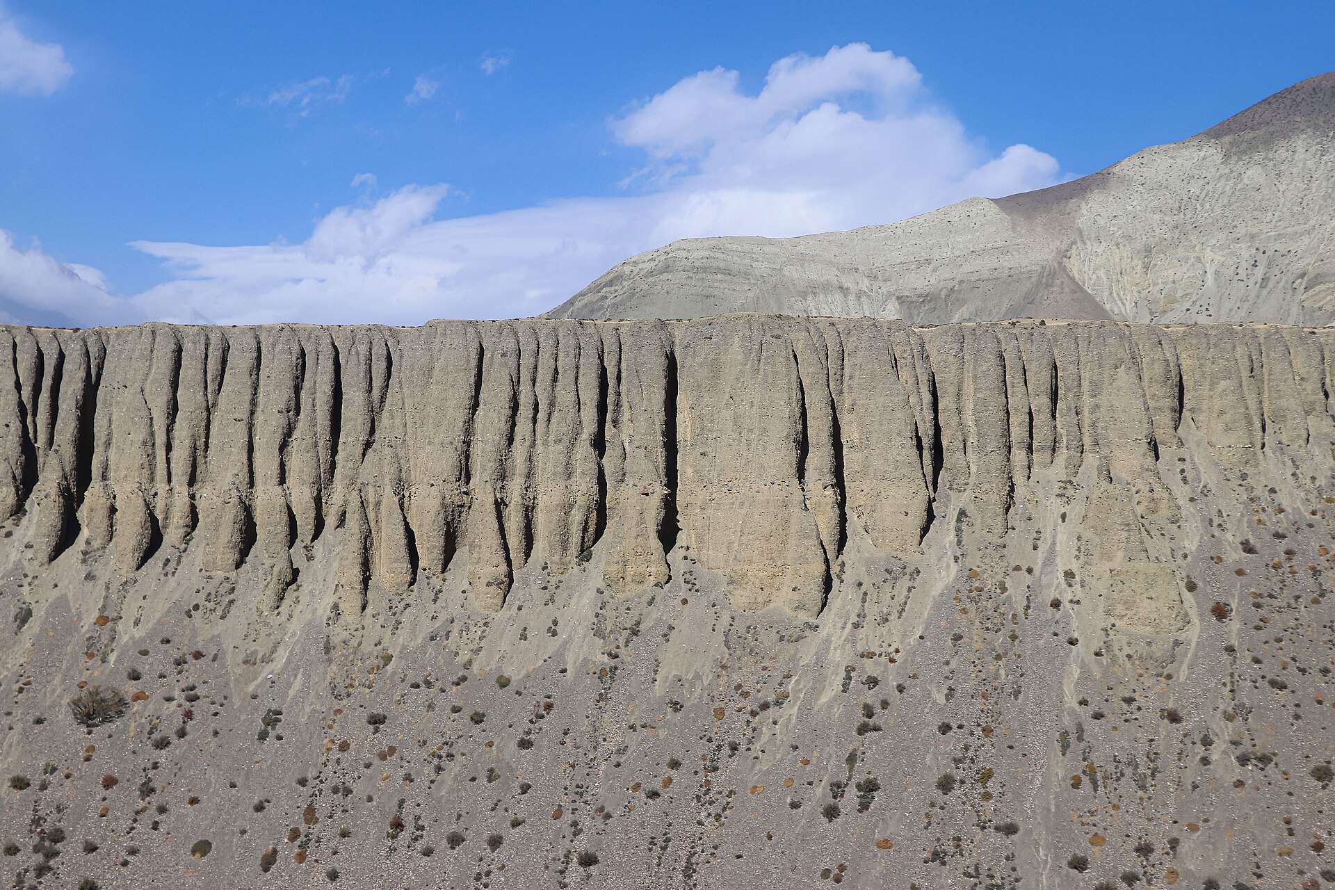 Eroded organ-pipe cliffs above the Kali Gandaki in Upper Mustang